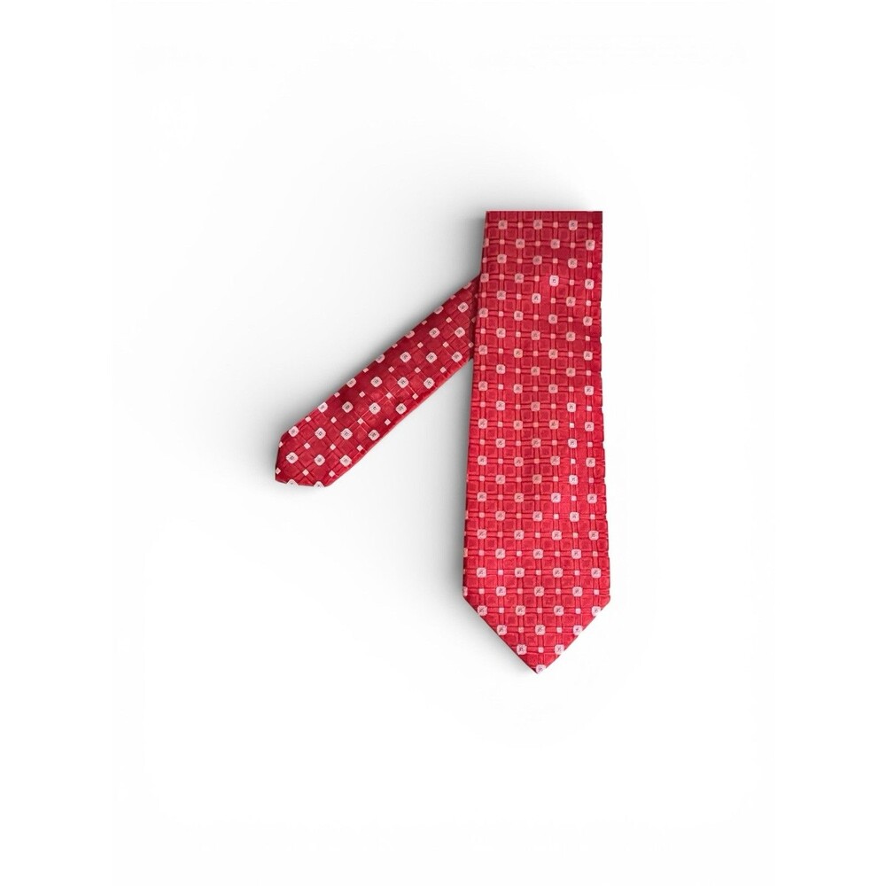 Valentino 100% Silk Tie Red White Geometric Square Grid Italy Classic Luxury - Picture 3 of 5